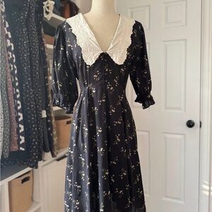 Christy Dawn Black Floral Dress with White Lace Collar